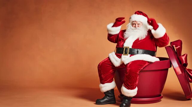 Santa Claus sitting in large red gift box as surprise present. Jolly older man emerging from holiday container with bow. Festive Christmas gift concept for celebrations.
