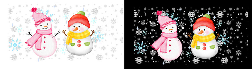 PNG image of Watercolor snowmen with colorful hats and scarves amidst falling snowflakes create a festive winter scene perfect for holiday cards and seasonal decorations on transparent background