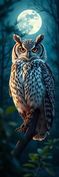 Majestic owl perched, wise gaze, moonlit forest,  bird,  moonlight