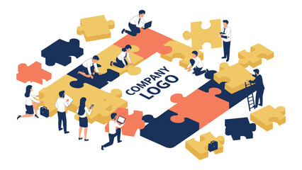 A business team works together, assembling a large jigsaw puzzle that forms their company brand.