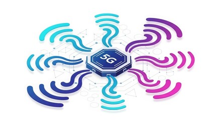 Futuristic 5G communication technology concept with a central hub broadcasting signal waves.