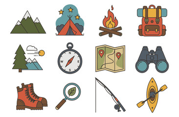 A collection of twelve colorful flat icons representing camping, hiking, and various outdoor recreational activities.
