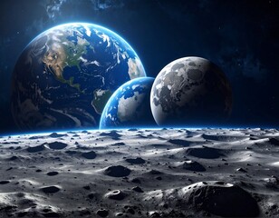 Three celestial bodies rise over lunar surface in space