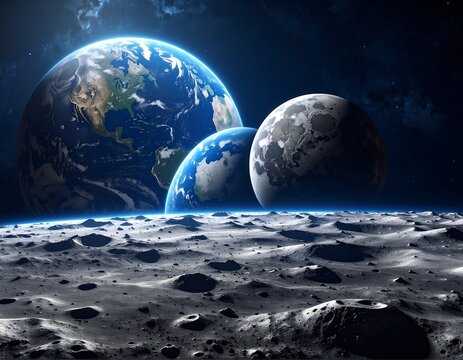 Three celestial bodies rise over lunar surface in space