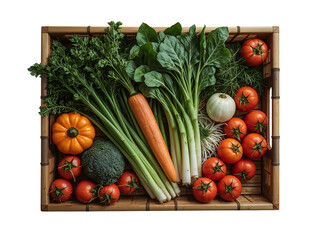 Bamboo tray basket with fresh carrots heirloom tomatoes scallions red onions and leafy green herbs top view PNG isolated on transparent background