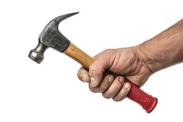 hand holding hammer isolated on white background