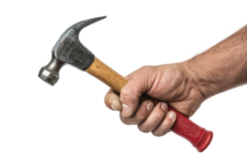 hand holding hammer isolated on white background