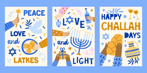 Modern Hanukkah vector cards set. Cute jewish holidays print designs with menorah, candles, star of David, challah, latkes, dove, oil jug, vine dreidel illustrations