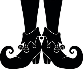 Black stylized elf or jester boots with bells and curled toes