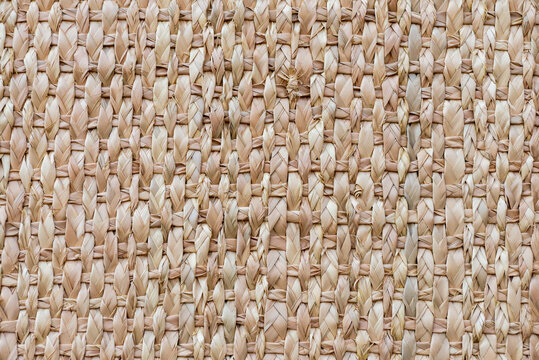 Detailed closeup of a woven basket surface, showcasing the natural texture and intricate pattern of the weaving.