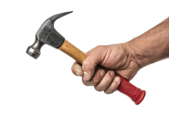 hand holding hammer isolated on white background