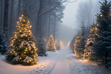 Snowy Pathway With Glowing Christmas Trees