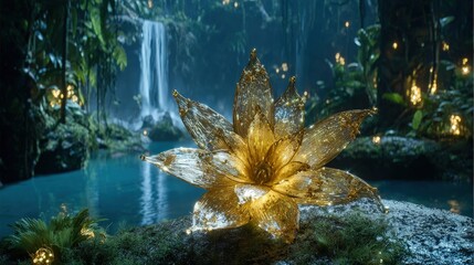 Golden Illuminated Flower In Tropical Waterfall Forest Scene