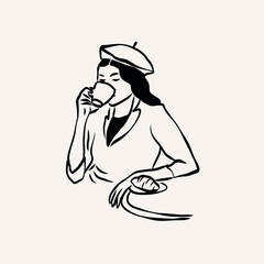 Hand drawn woman sitting at cafe and drinking coffee