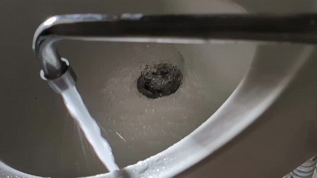 Water from the tap flows into the sink. Concept of tariffs and prices per cubic meter of water. Housing and communal services, slow motion. Copy space for text