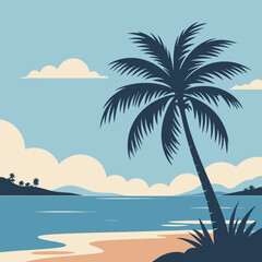 Tropical beach scene with a palm tree by the ocean and clouds