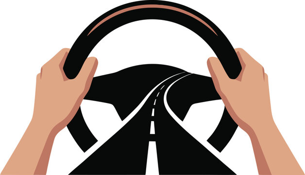 Hands on steering wheel driving on a winding road journey ahead