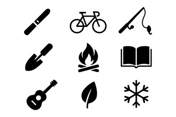 Outdoor activity icons: adventure, nature, and leisure symbols in simple black design