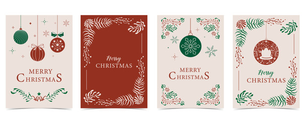 Naklejka premium Merry christmas invitation card with tree, bell, green, red decoration and art deco design