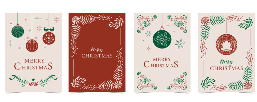 Merry christmas invitation card with tree, bell, green, red decoration and art deco design