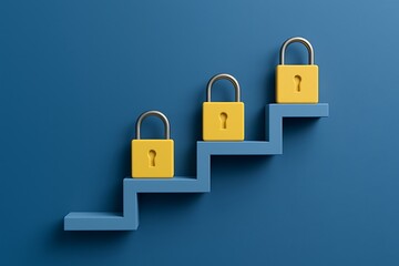 Three yellow padlocks on ascending blue steps, concept of layered security and progressive access control