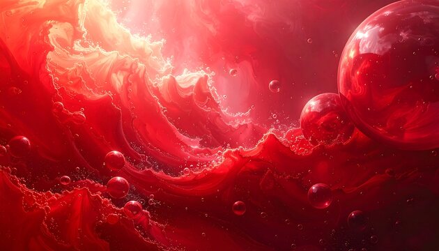 Vibrant red abstract art with luminous clouds, orbs, and textures