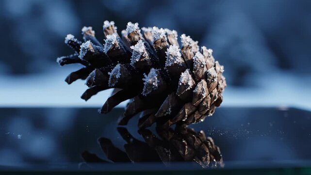 Frosted pine cone on reflective dark surface. Icy winter detail with mirrored reflection. Nature texture sequence for holiday decorations and seasonal concepts.