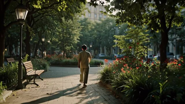 A peaceful early morning stroll along a tree-lined path in a tranquil urban park during sunrise
