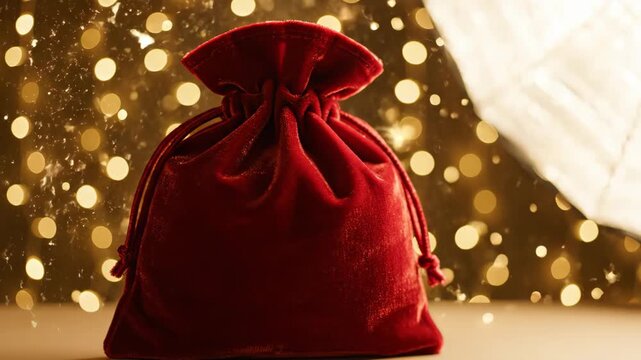 Red velvet drawstring pouch on golden sparkling background. Simple fabric gift bag with festive lights for holiday packaging and presents concept.