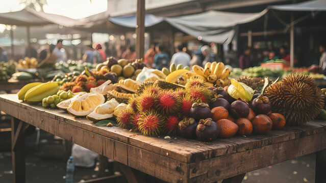 A view of a traditional outdoor fruit market with a variety of tropical fruits displayed on rustic wooden tables.