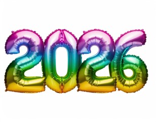Shiny, rainbow foil balloons spell out the year "2026