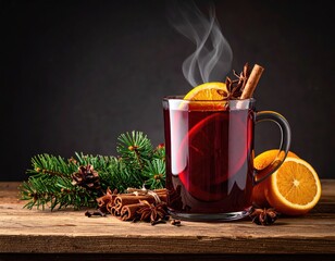 Mulled wine steaming, orange, cinnamon, on wood table