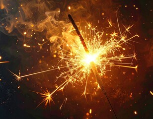 Blazing sparkler throws out bright sparks and smoke