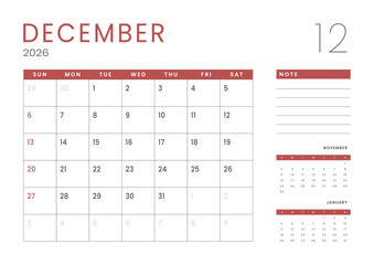 Monthly page Calendar Planner Template design of December 2026. Vector layout of calendar with week start Sunday for Scheduling. Page for size A4 or 21x29.7 cm