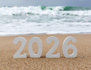 2026 year numbers on beach with ocean backdrop