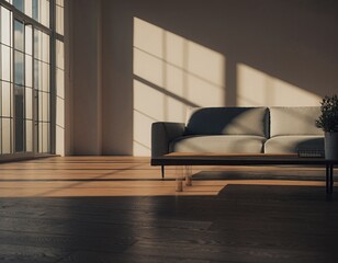 Sunny living room with modern couch and grid window
