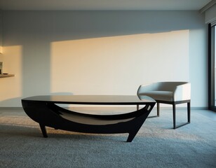Modern room black table, white chair, bright blank wall