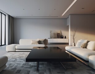 Bright, modern living room with large black table