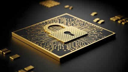 A golden padlock symbol on a computer processor microchip representing advanced hardware-level cybersecurity and data encryption technology