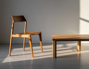Wood chair and table in sunlight against white wall