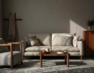 Neutral living room sofa, chair, wood table, sunlight