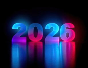 Glowing numbers 2026 on reflective surface, dark backdrop