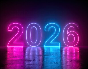 Glowing neon '2026' year displayed with shiny reflection