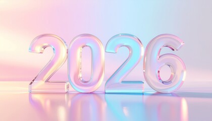 Glassy '2026' on pastel, iridescent surface
