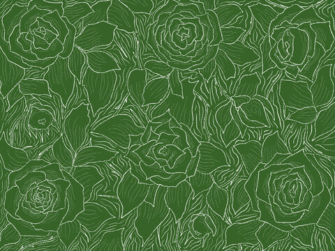seamless pattern with rose flowers. hand drawn outline on holiday season vibes background. high resolution for design with a whimsical and enchanting green theme