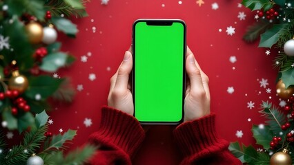 Green screen smartphone on Christmas Background