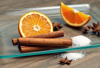 Textured orange slices, cinnamon sticks, star anise on glass tray and sugar