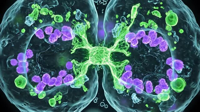 fluorescent cells dividing under microscope, animated progression from single cell to two daughter cells with purple chromatin and green organelles, visible spindle formation and dynamic cytokinesis,