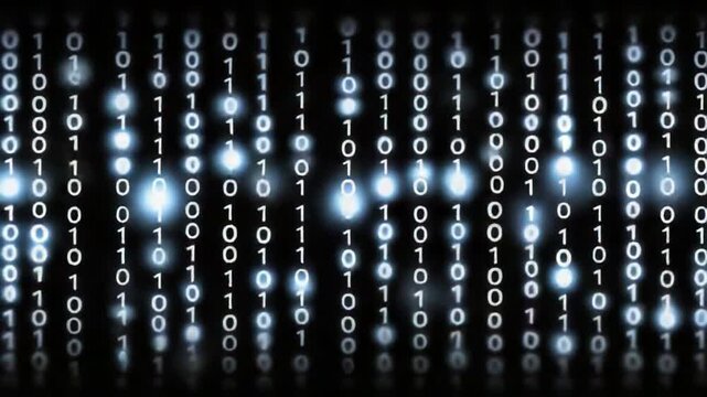 Futuristic binary code streams glowing on a dark background. This digital concept symbolizes data transfer and cyber security in modern computing and technology.