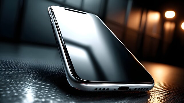 Modern smartphone mockup with sleek reflection on dark surface, perfect for tech ads, app presentation